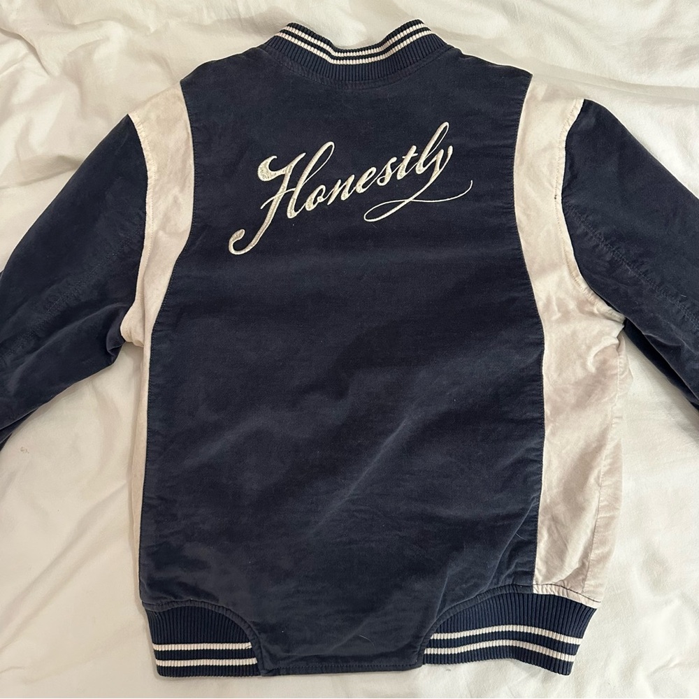 “Honesty” varsity jacket navy and white